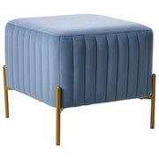 Pouf rivestito in velluto blu con gambe in metallo dorato seduta quadrata 47 x 47 cm per un salotto glamour