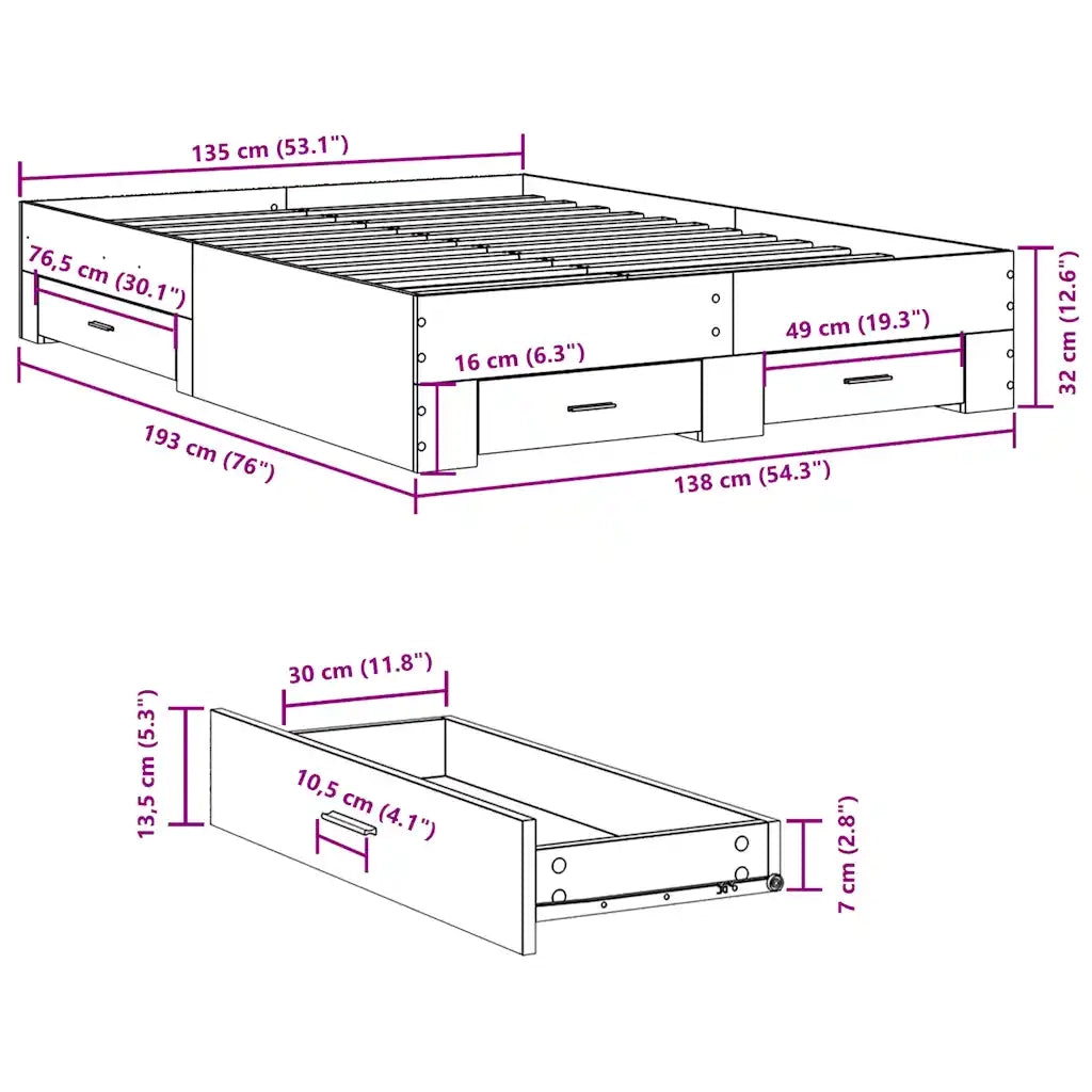 Letto matrimoniale | Letto per adulti | Giroletto Cassetti Grigio Sonoma 135x190 cm Legno Multistrato