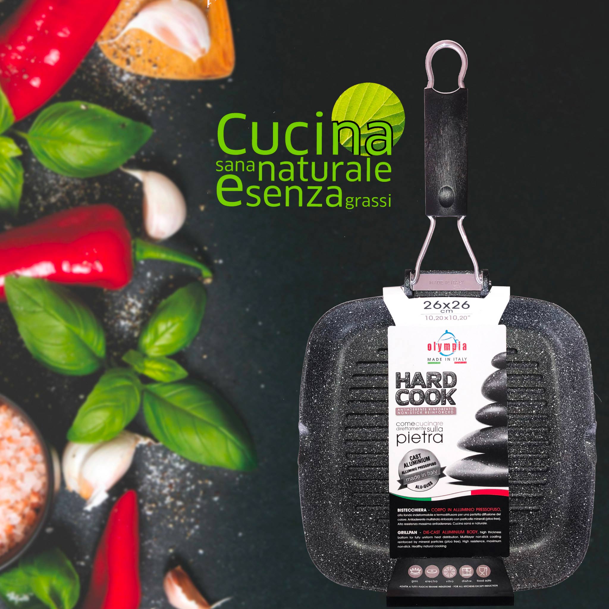 Bistecchiera Antiaderente 1 Manico 26x26 cm Olympia Hard Cook