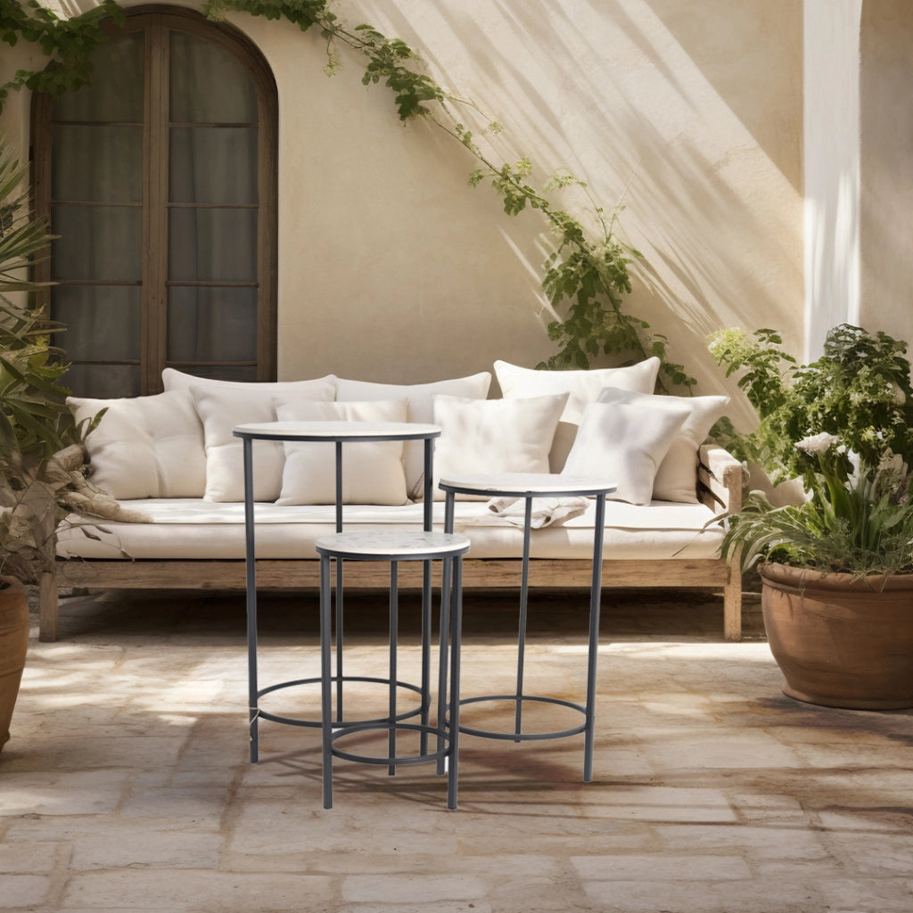 SET 3 TAVOLINI DECORATIVI A COLONNA 30X72H/25X62H/20X52H CM TONDI CON TOP BIANCO