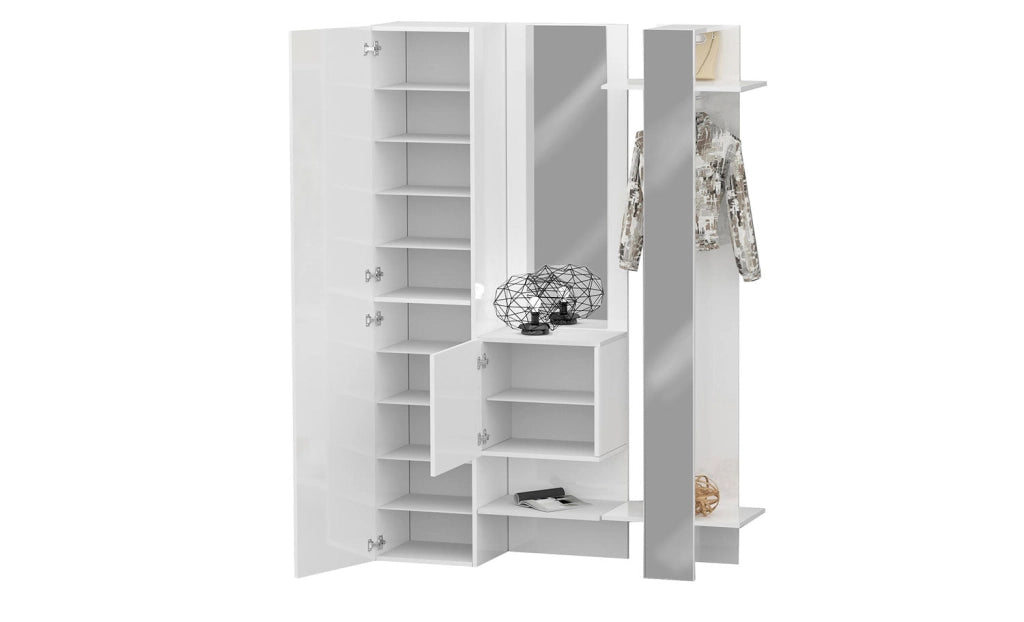 Mobile Ingresso Appendiabiti e 2 Specchi 140x35x191 cm Kompact Bianco Lucido