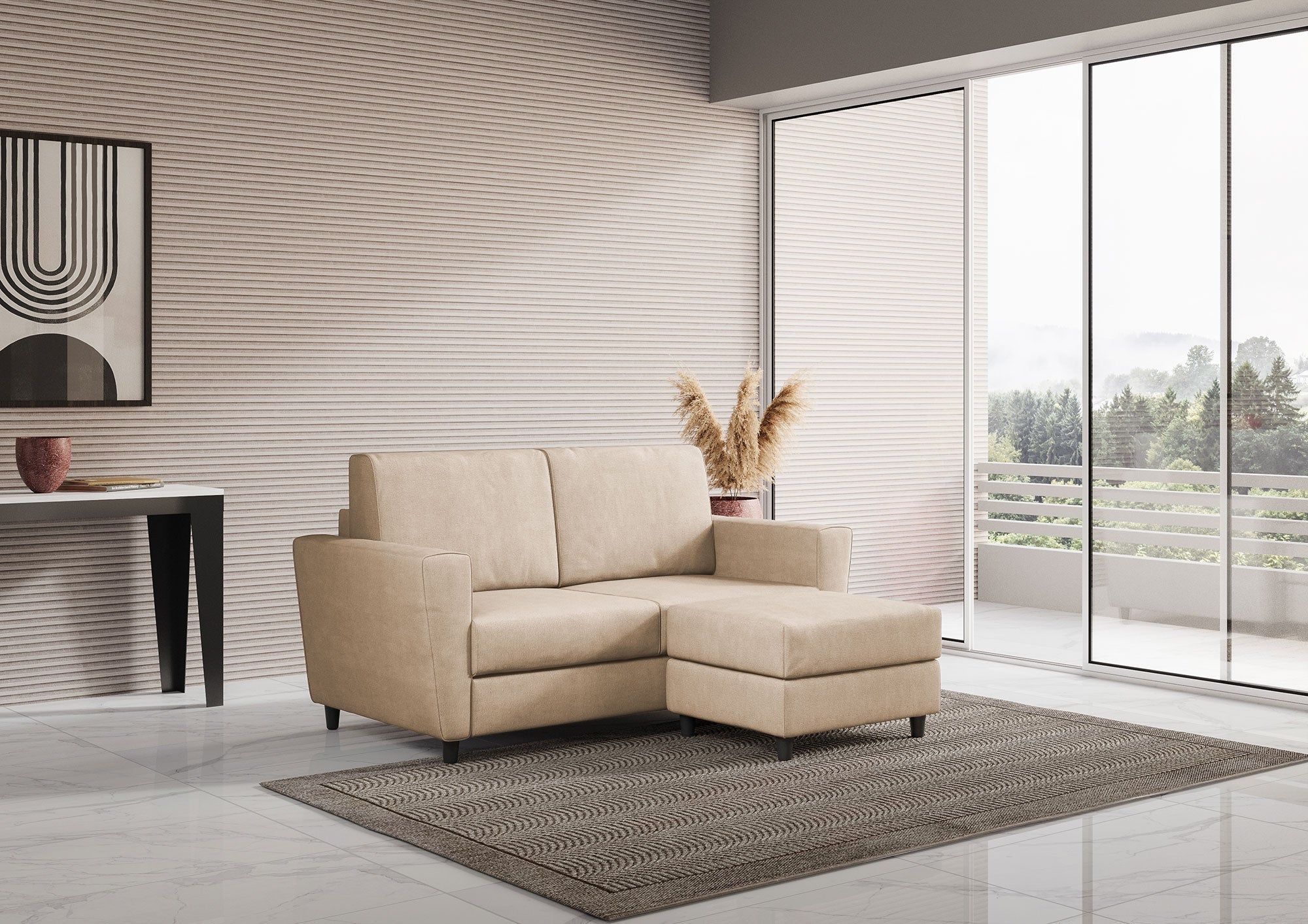 Divano 2 Posti con Pouf 172x145x85 cm Yasel in Tessuto Beige