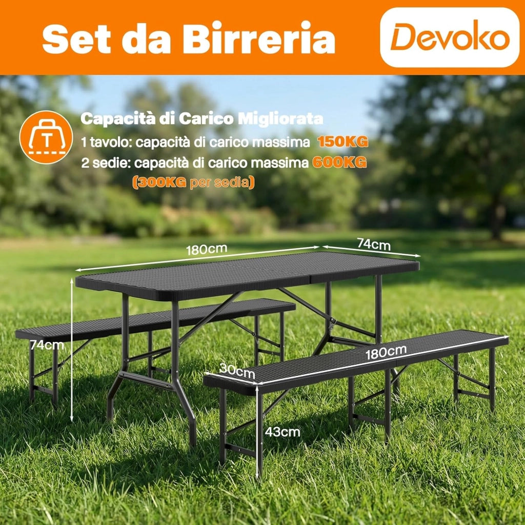Set 3 Tavoli e Panche Birreria Pieghevoli Rattan, 1 Tavolo 180x74x74cm + 2 Panca da Esterno 180x30x43cm, Robusta Portatile Facile da Pulire Pieghevole Tavolo Birreria con Panche per 6-8 Persone