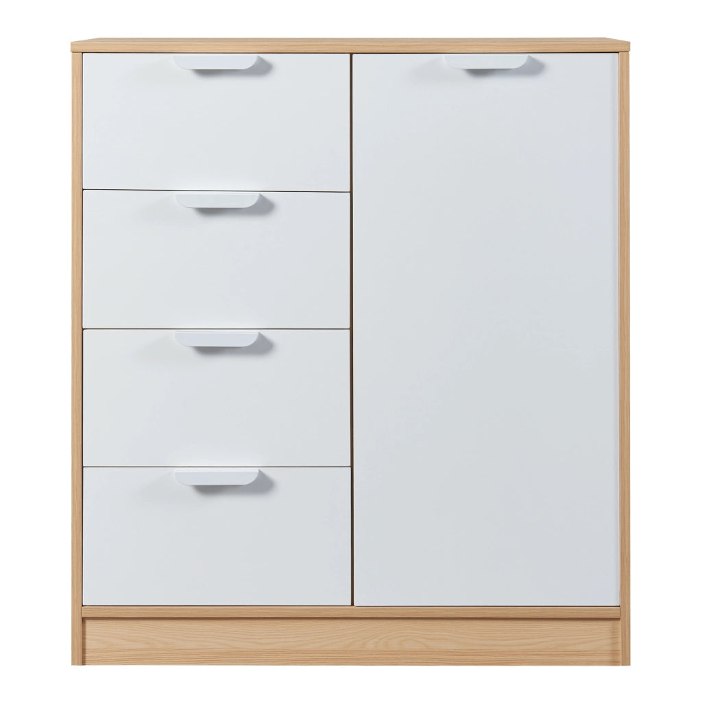 Comò Varkaus con 4 Cassetti e Anta- Effetto Rovere / Bianco [en.casa]