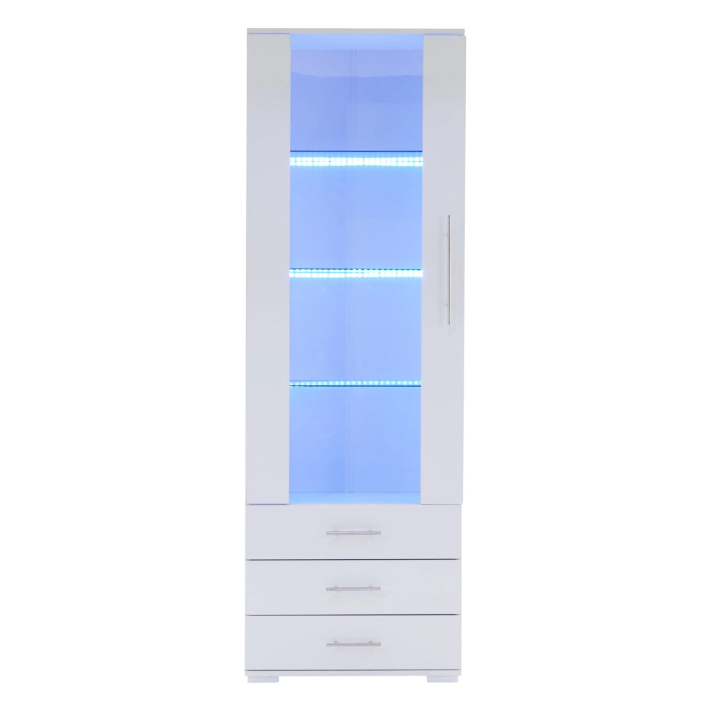 Vetrina bianca lucida con LED, 60x35x180 cm, MDF con porta acrilica e 3 cassetti