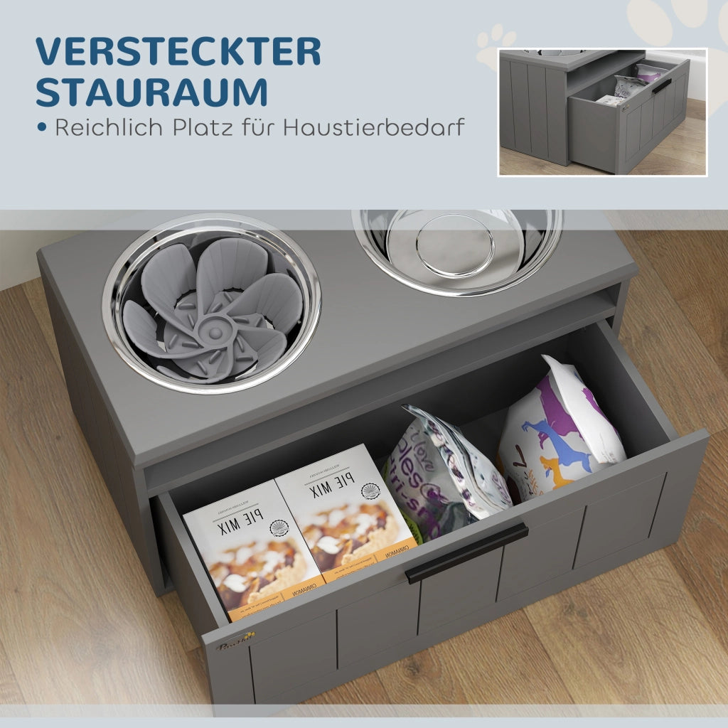 Ciotola Cane Grande con Distributore ¨C Minimal ¨C MDF Acciaio Grigio 2 Ciotole Inox