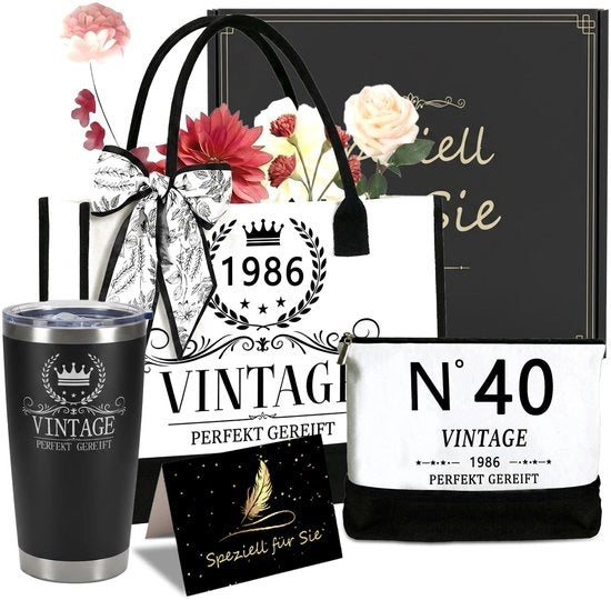 40° compleanno regali per donna borsa a mano in tela: set vintage 1986 con borsa da ufficio, termos e cosmetici per amica, mamma, collega pronto per il regalo