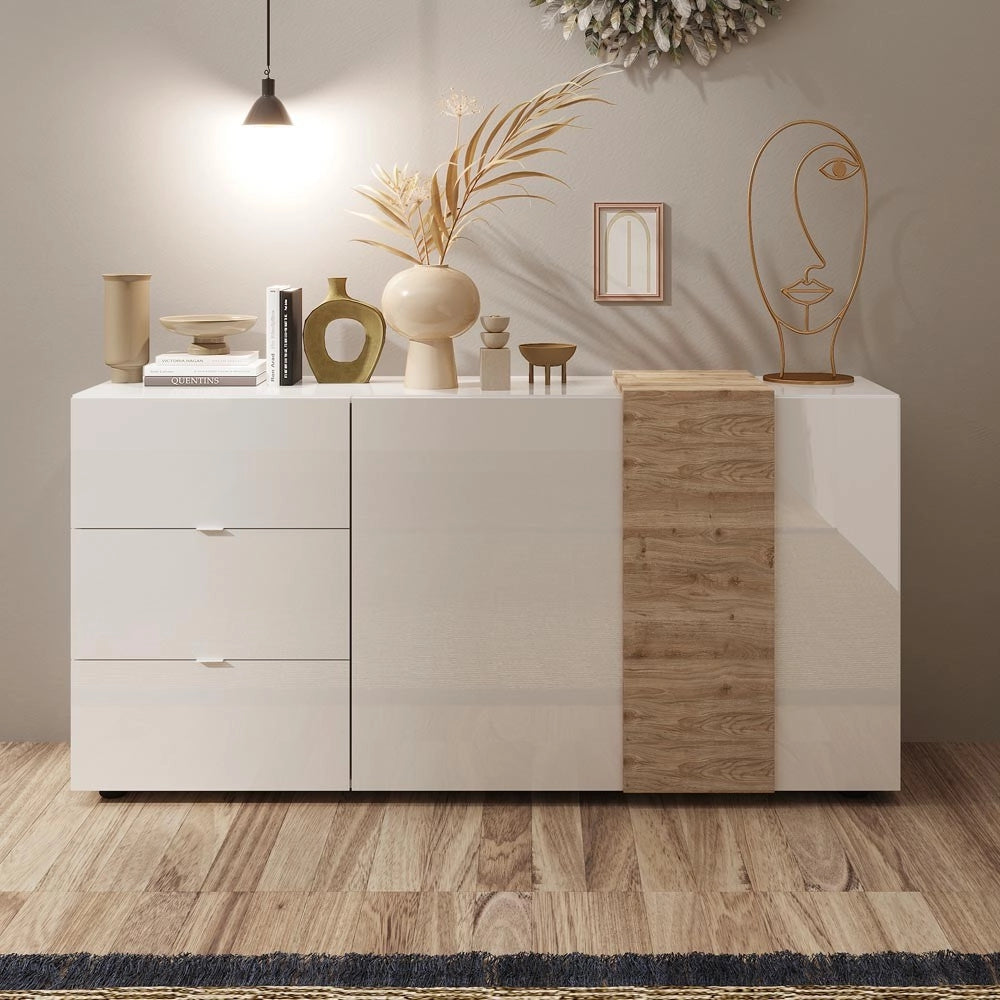 Madia 2 ante 3 cassetti Sabry colore bianco lucido rovere Kadiz