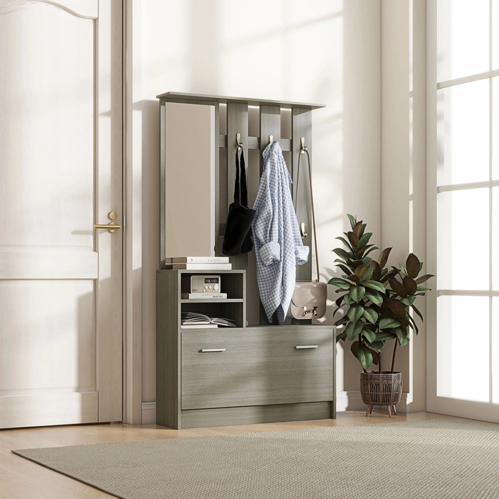 Set Mobili da Ingresso con Appendiabiti, Specchio, Panca con Scaffale e Scarpiera per 8 Paia di Scarpe, Grigio