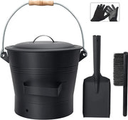 Emmer per asportazione cenere con coperchio, raccolta carbone per barbecue rotondo, secchio di 10 litri con cucchiaio e cesoie, set di accessori per la pulizia della stufa, stufa, camino, stufa a legna