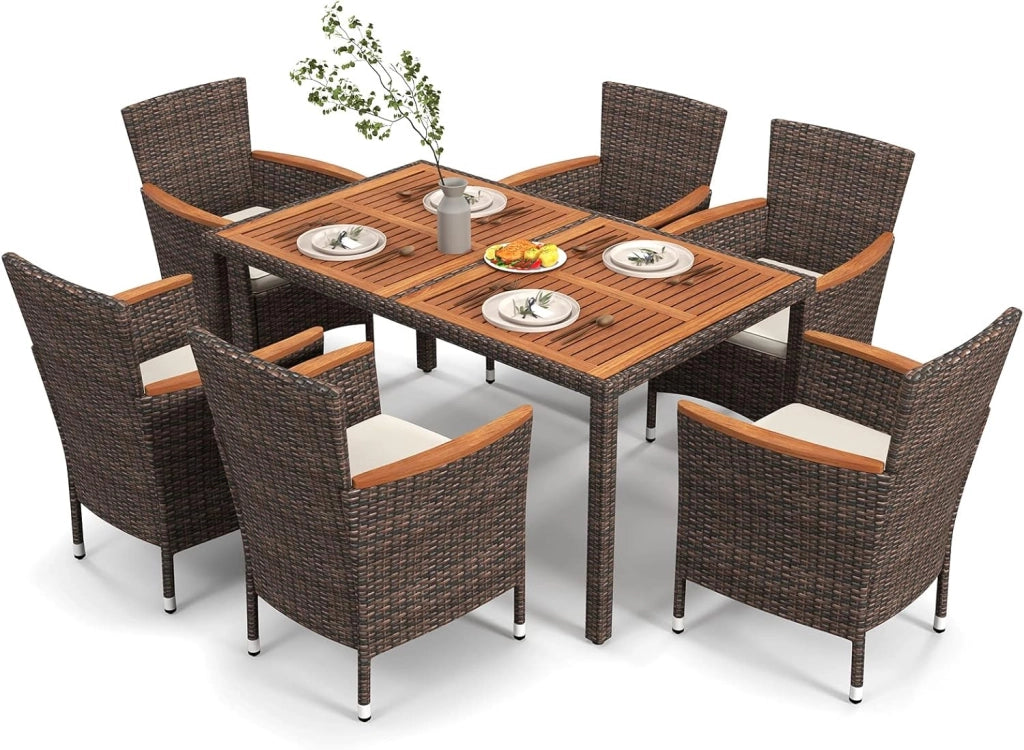 7 Pezzi Set di Mobili da Pranzo, Set Mobili da Giardino in Rattan PE con Piano in Legno di Acacia, 6 Sedie Impilabili e Cuscini Impermeabili, per Giardino Piscina e Cortile