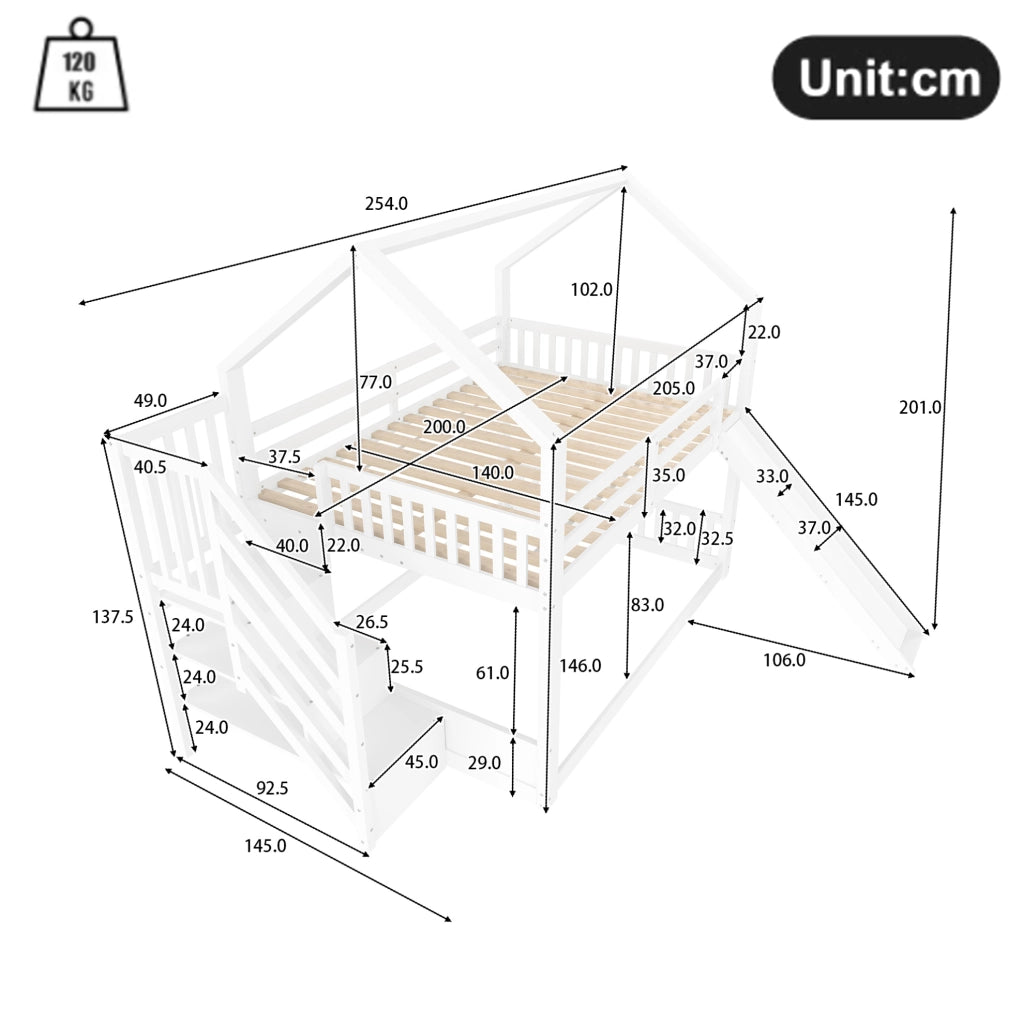 Letto a castello a casetta 140x200 cm con scala contenitore e scivolo bianco