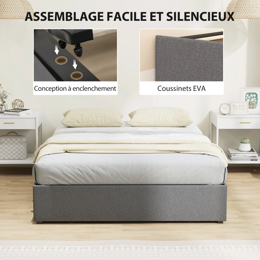 Letto contenitore matrimoniale imbottito con 3 cassetti e rete a doghe ¨C zephmum ¨C grigio 140x190 cm
