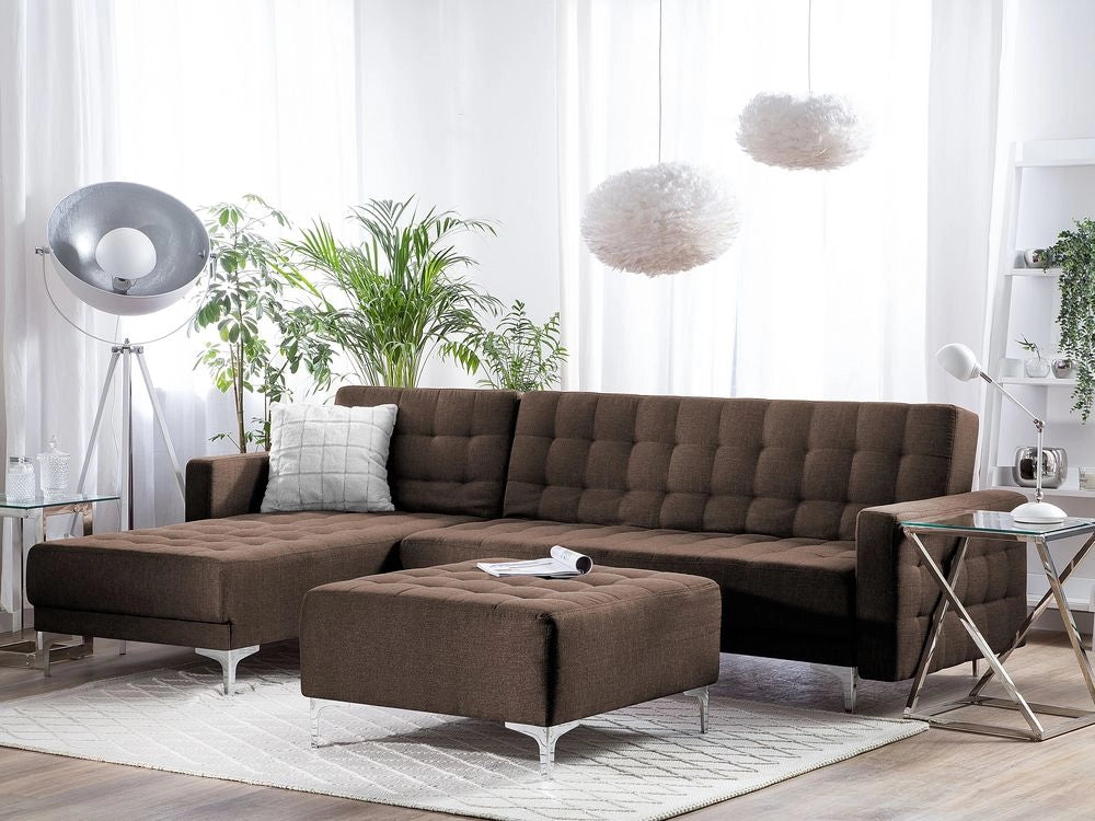 Divano letto angolare in tessuto capitonné marrone moderno a L componibile a 4 posti con ottomana chaise longue versione destra
