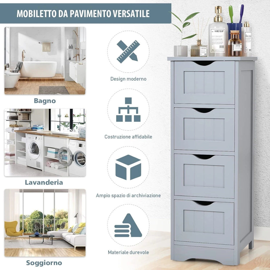 Cassettiera di Legno con Vari Cassetti, Cassettiera Verticale da Terra, Comò Moderno e Resistente, Mobiletto Autoportante per Salone Camera da Letto Bagno Ufficio (4 Cassetti, grigio)