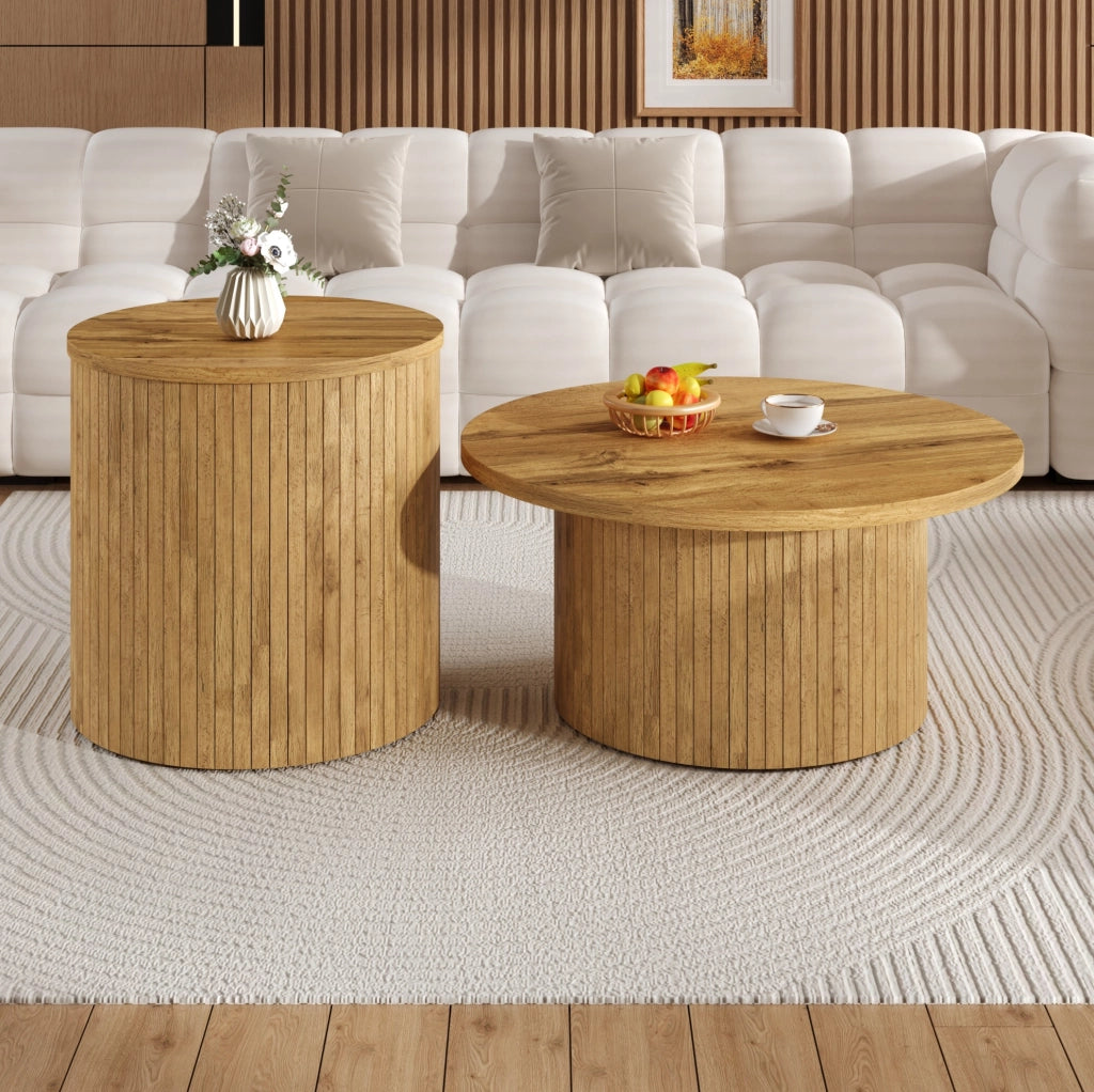 Set di tavolini da salotto rotondi 75x75x36 cm e 50x50x50.5 cm in MDF colore naturale