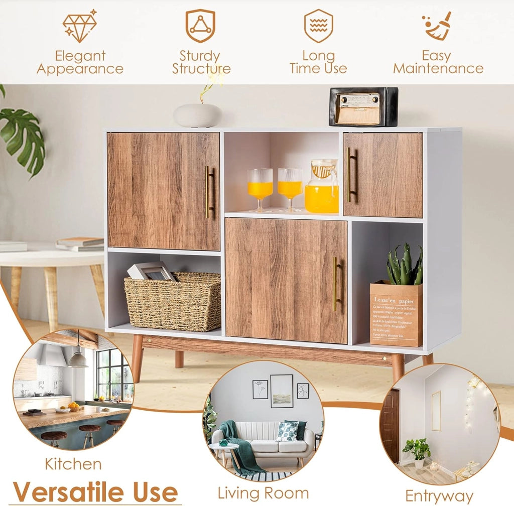 Armadio in legno, credenza per soggiorno, a buffet, 6 scomparti e 3 ante, mobile laterale, moderno, indipendente (bianco + naturale)