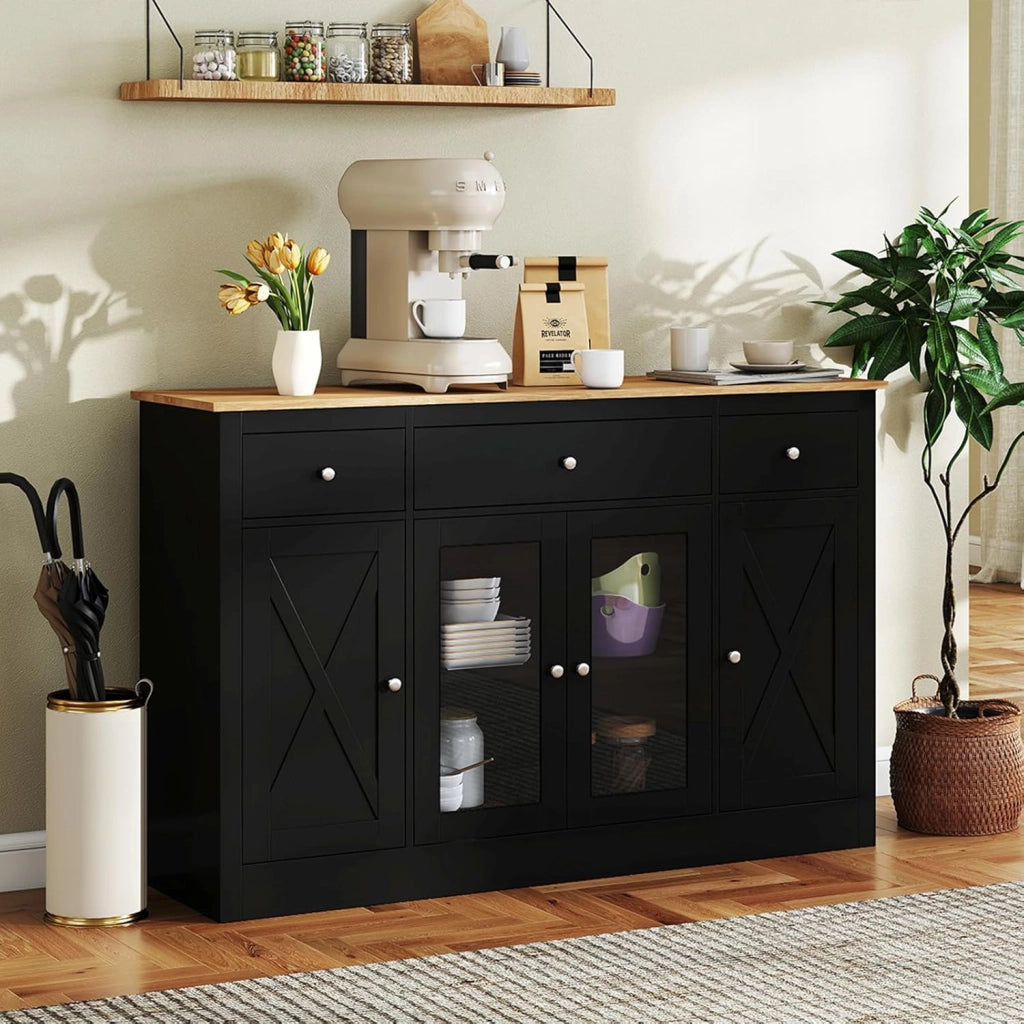 Mobile Buffet Basso, Credenza Moderna da Cucina con 3 Cassetti, 3 Armadi con Ante, Mobiletto Multiuso con Ripiani Regolabili per Soggiorno, Sala da Pranzo, 140x40x90cm (In 2 Pacchi) (Nero)