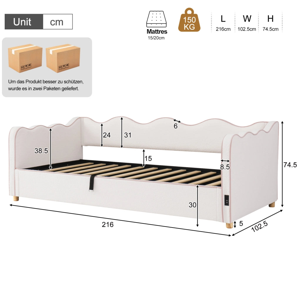 Letto 90x200 cm con contenitore idraulico; USB C; bouclé beige