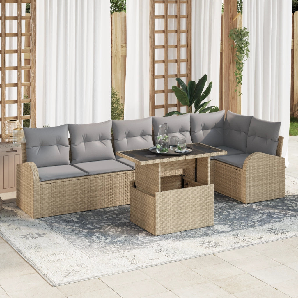 Set Divano da Giardino 7 Pezzi con Cuscini Beige Poly Rattan