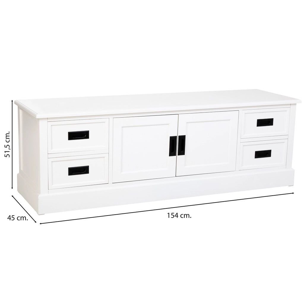 Mobiletto basso in legno bianco con 2 ante 4 cassetti 154x45x51,5h cm