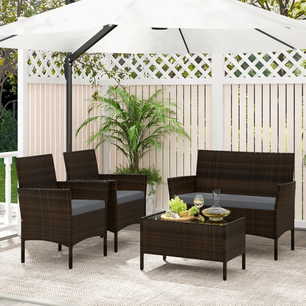 Set da conversazione in rattan per patio 4 pezzi con cuscini morbidi, Mobili da esterno modulari per giardino e veranda Grigio