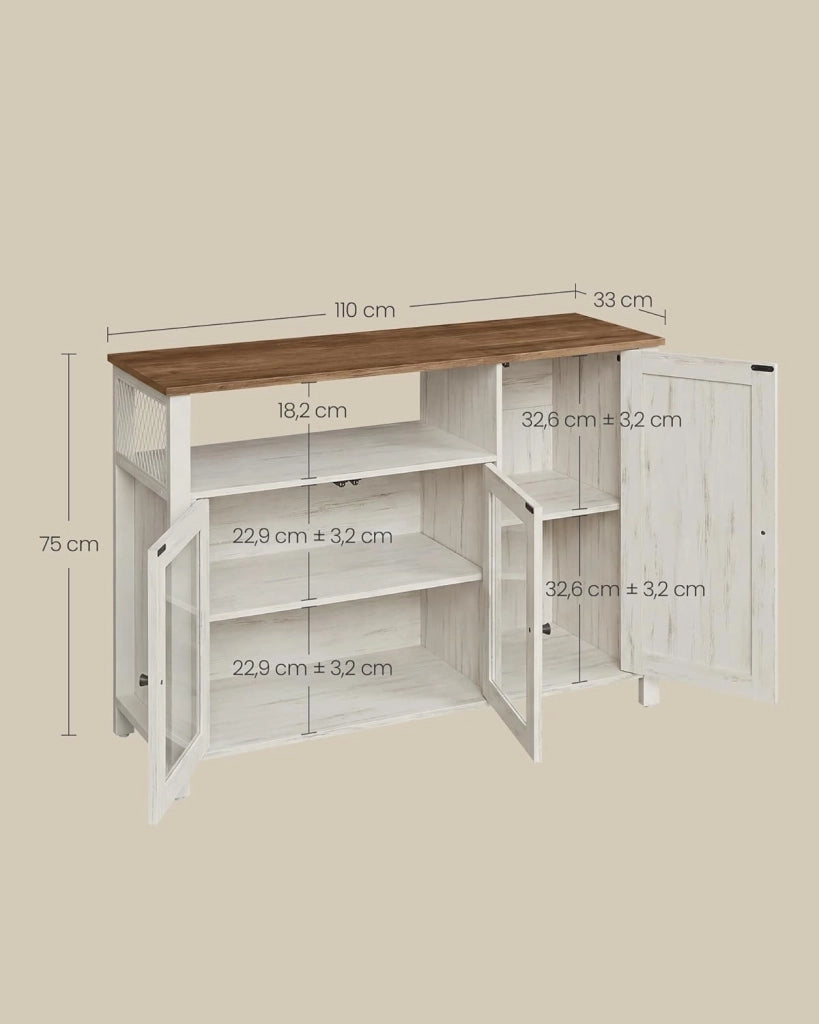 VASAGLE Credenza, Mobile da Cucina, Mobile Contenitore, con 3 Ante, per Soggiorno, Cucina, Sala da Pranzo, 33 x 110 x 75 cm, Stile Country, Marrone Miele e Bianco Vintage LSC096WJ02