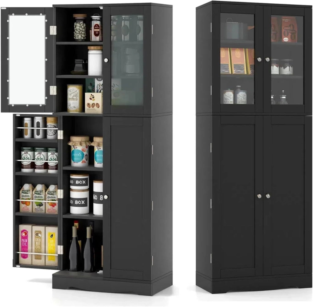 Credenza da Cucina con Anta Multi-Stoccaggio, Mobile Cucina Dispensa con Dispositivo Antiribaltamento, Armadio di Stoccaggio, 60 x 31,5 x 161,5 cm, per Soggiorno, Sala da Pranzo (Bianco)