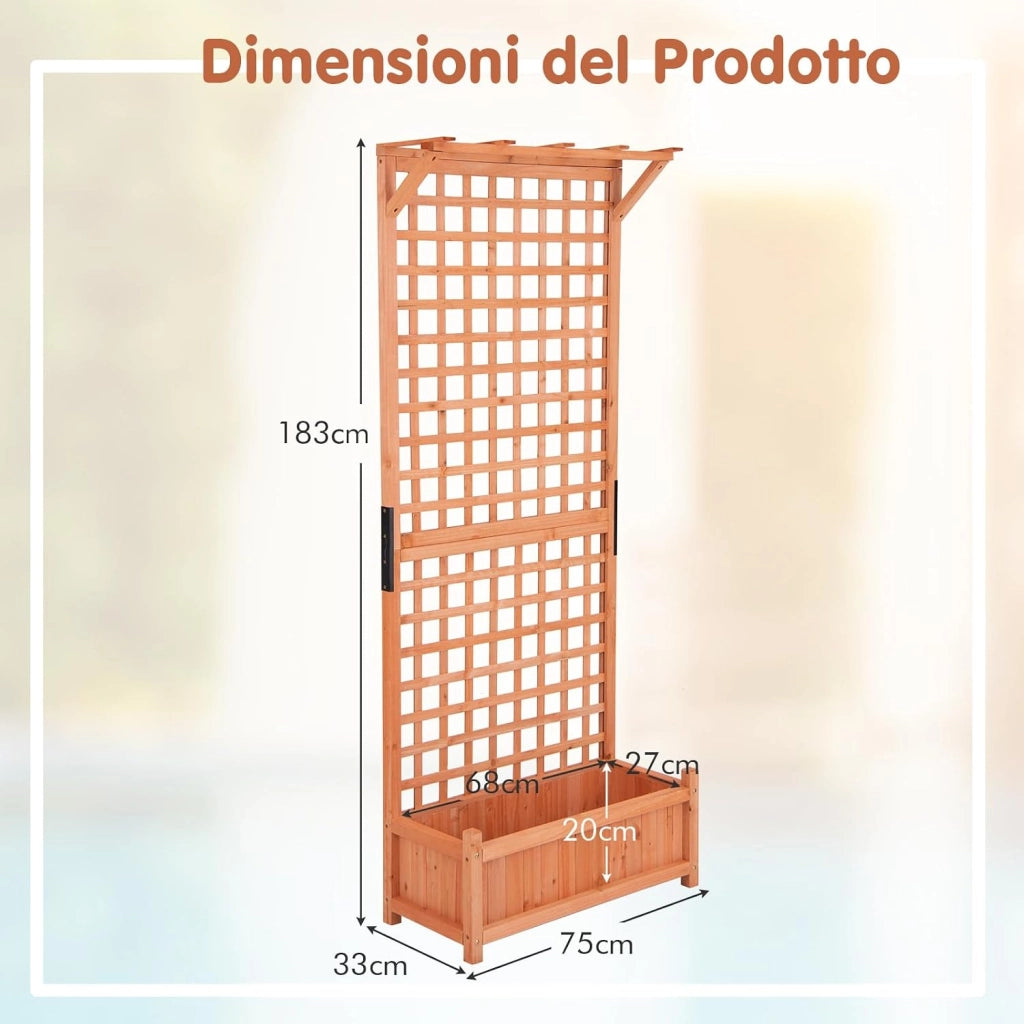 Fioriera da Esterno con Grigliato e Tettuccio, Letto Rialzato in Legno con Fori di Scarico, Aiuola Rialzata con Spalliera per Piante Rampicanti Viti e Fiori, 75 x 33 x 182,5 CM