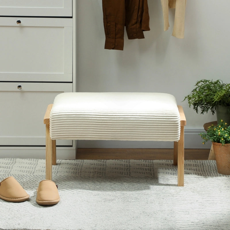 Pouf contenitore imbottito in velluto a coste, seduta in schiuma, gambe in legno di caucciù, crema
