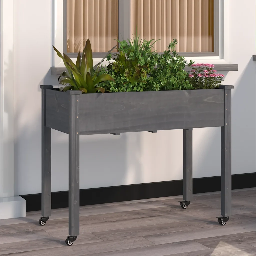 Fioriera Ruote e Fodera Grigia 118x59x80cm Legno Massello Abetecod mxl 93013