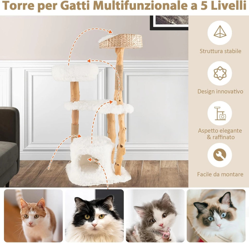 Albero per Gatti in Legno Alto 124 cm, Albero Tiragraffi per Gatti in Legno Massello con Pali di Corda di Juta, Torre Moderno per Animali Domestici Interni a 5 Livelli (Bianco)