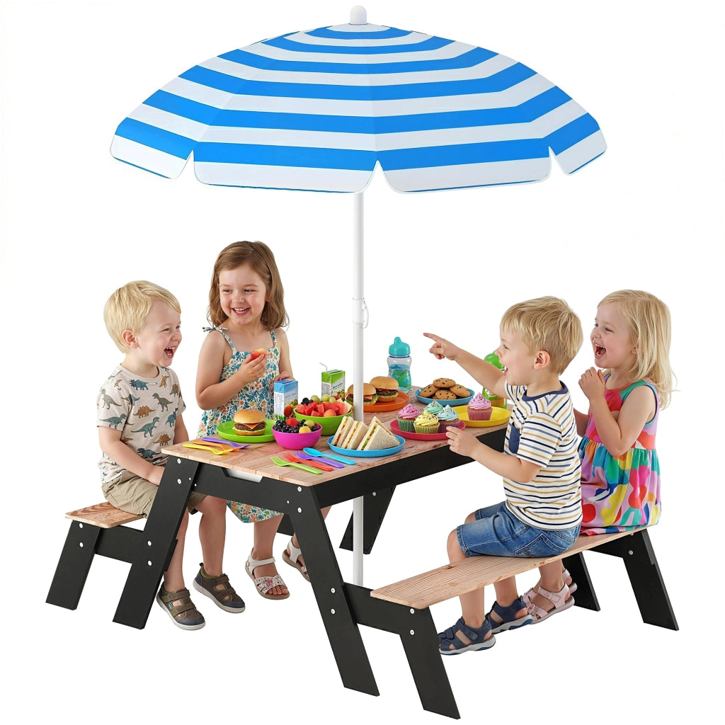 Set da Giardino per Bambini con Parasole e 2 Panche ¨C Zephmum ¨C Legno Naturale 3-6 Anni
