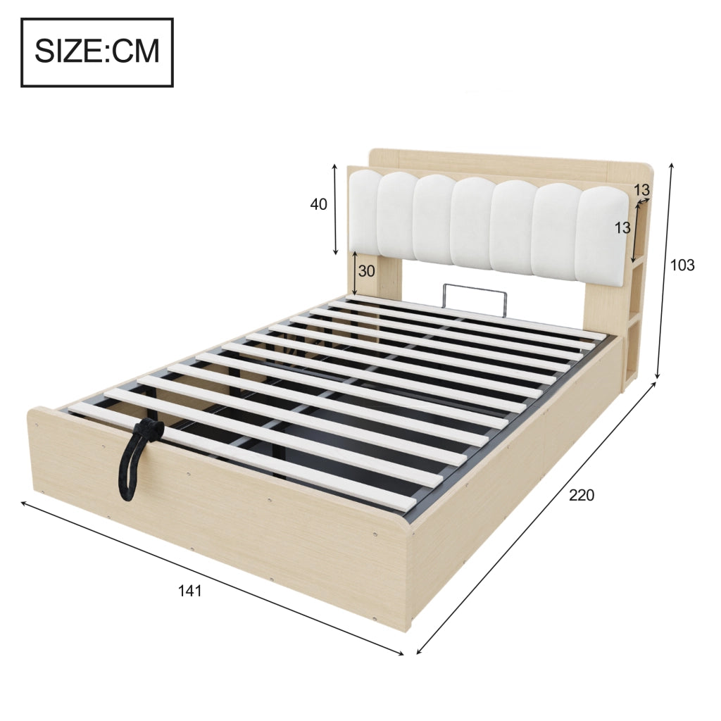 Letto contenitore 140 × 200 cm et 180 × 200 cm con testiera imbottita, USB, luce notturna, senza materasso, naturale