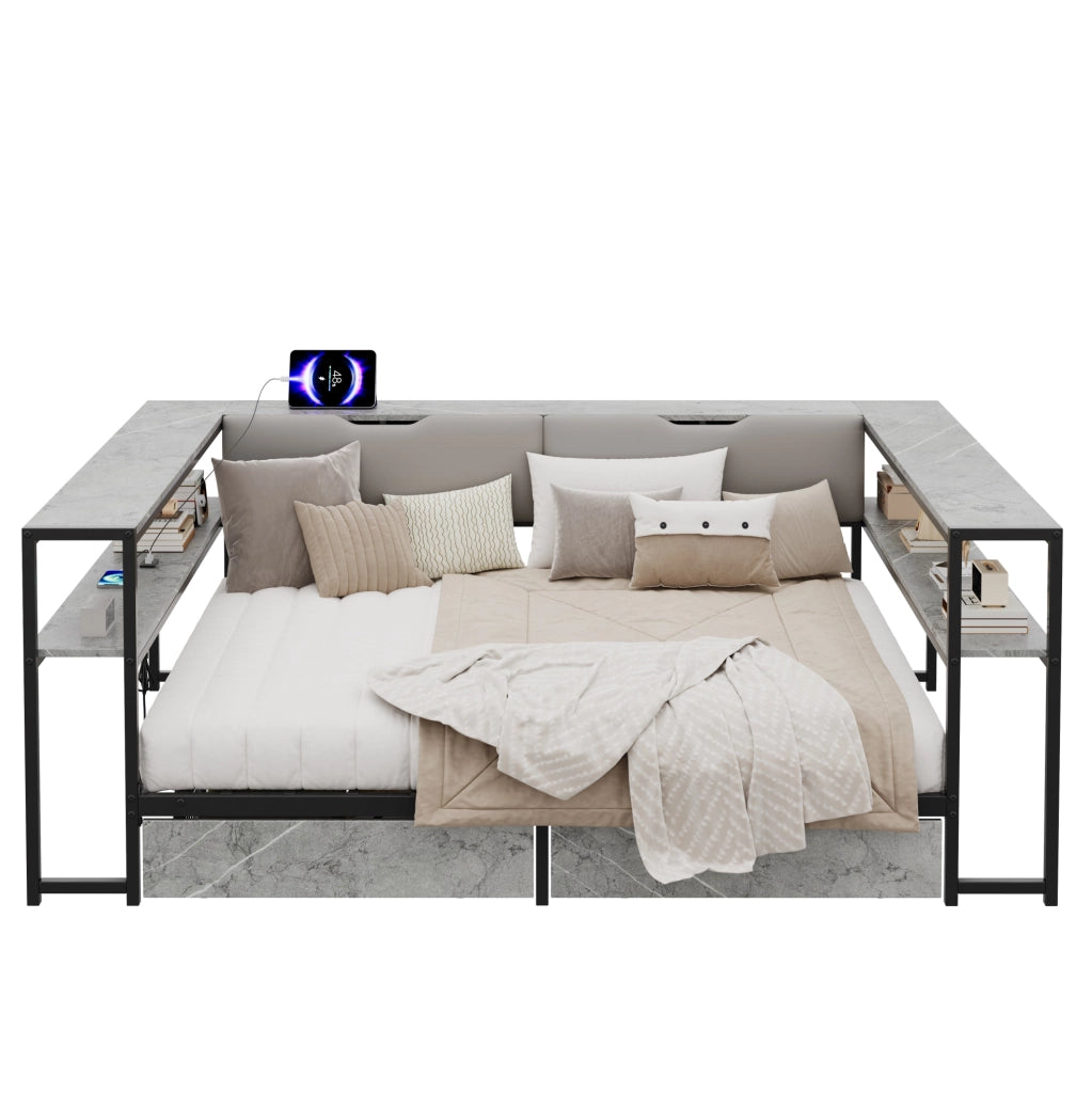 Letto singolo imbottito con contenitori; USB e Type-C; 140x200 cm; grigio in MDF e metallo