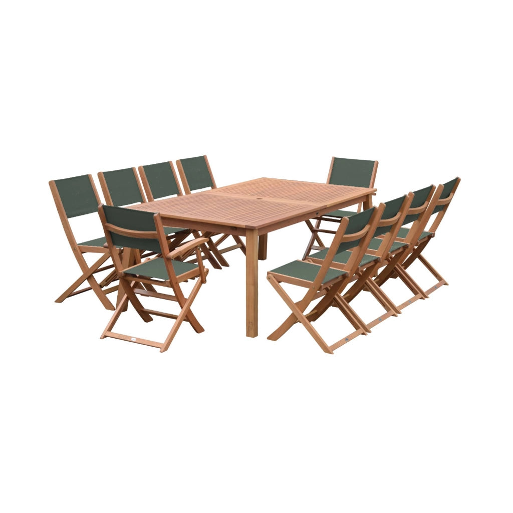 Set tavolo da giardino estensibile in legno con 10 sedie, marrone