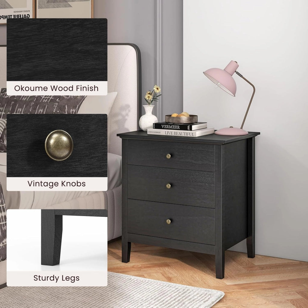 Comodino con 3 cassetti, tavolino da notte 60,5 x 45,5 x 65,5 cm, comodino per soggiorno, camera da letto (nero)