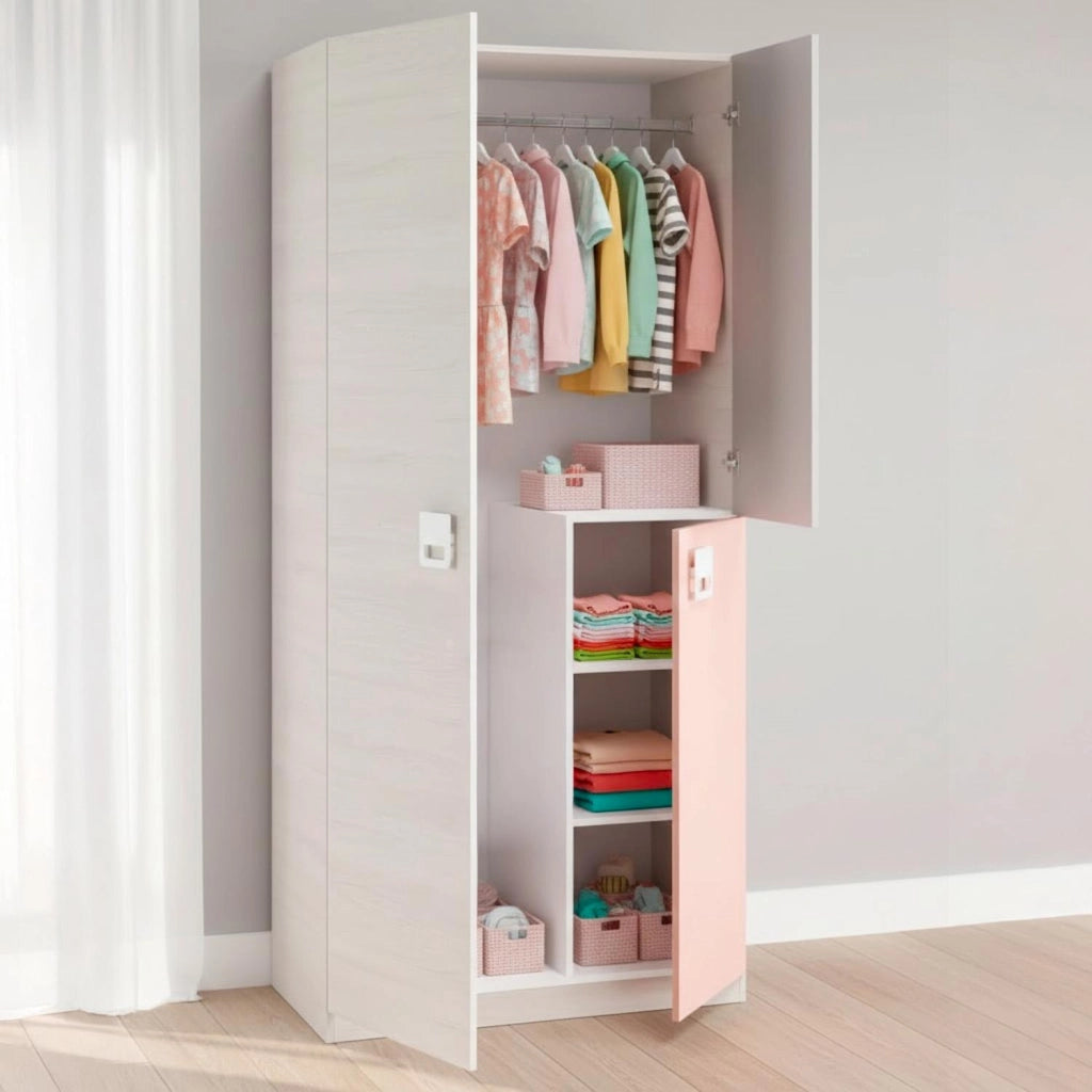 Armadio A 3 Ante Per Camera Ragazzi Con Barra Appendiabiti E 3 Ripiani Design Moderno Salvaspazio 200 X 52 X 90 Cm Bianco Alpi Grigio E Rosa