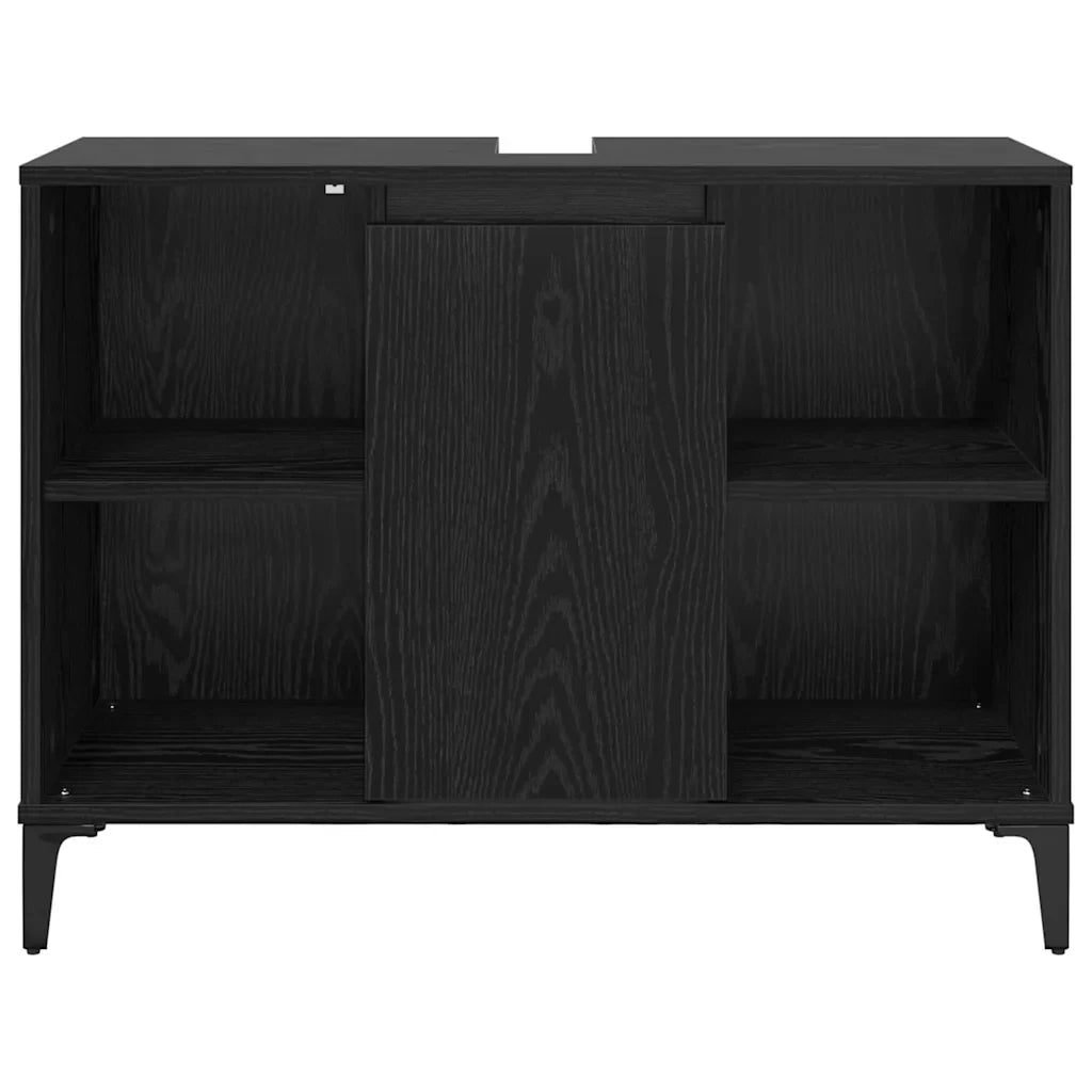 Mobiletto rettangolare rustico e pratico per lavabo da bagno 80 x 33 x 60 cm realizzato in legno composito di rovere nero 02_0052712