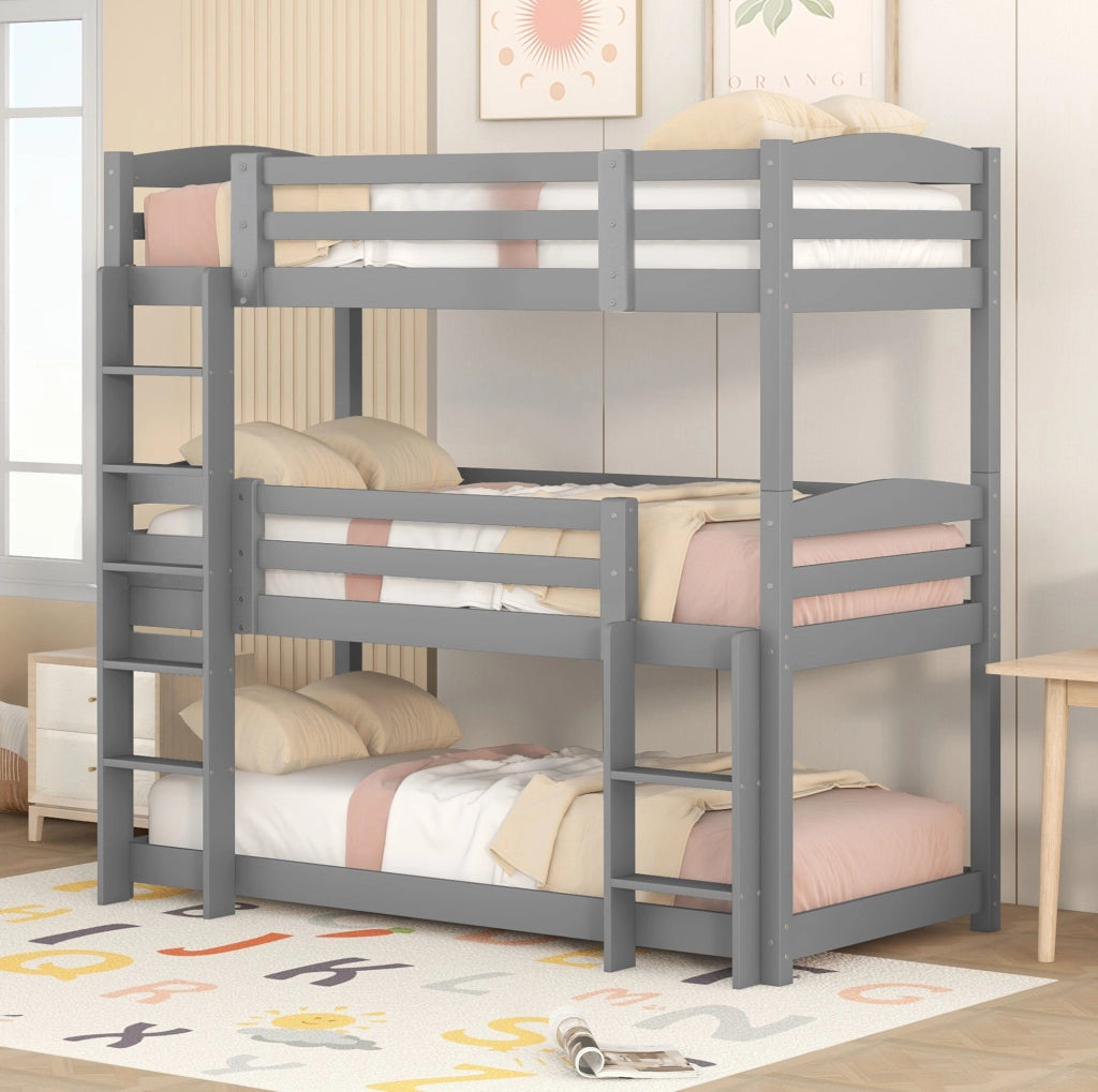 Letto a castello a tre posti 90x200 cm con due scale in legno grigio