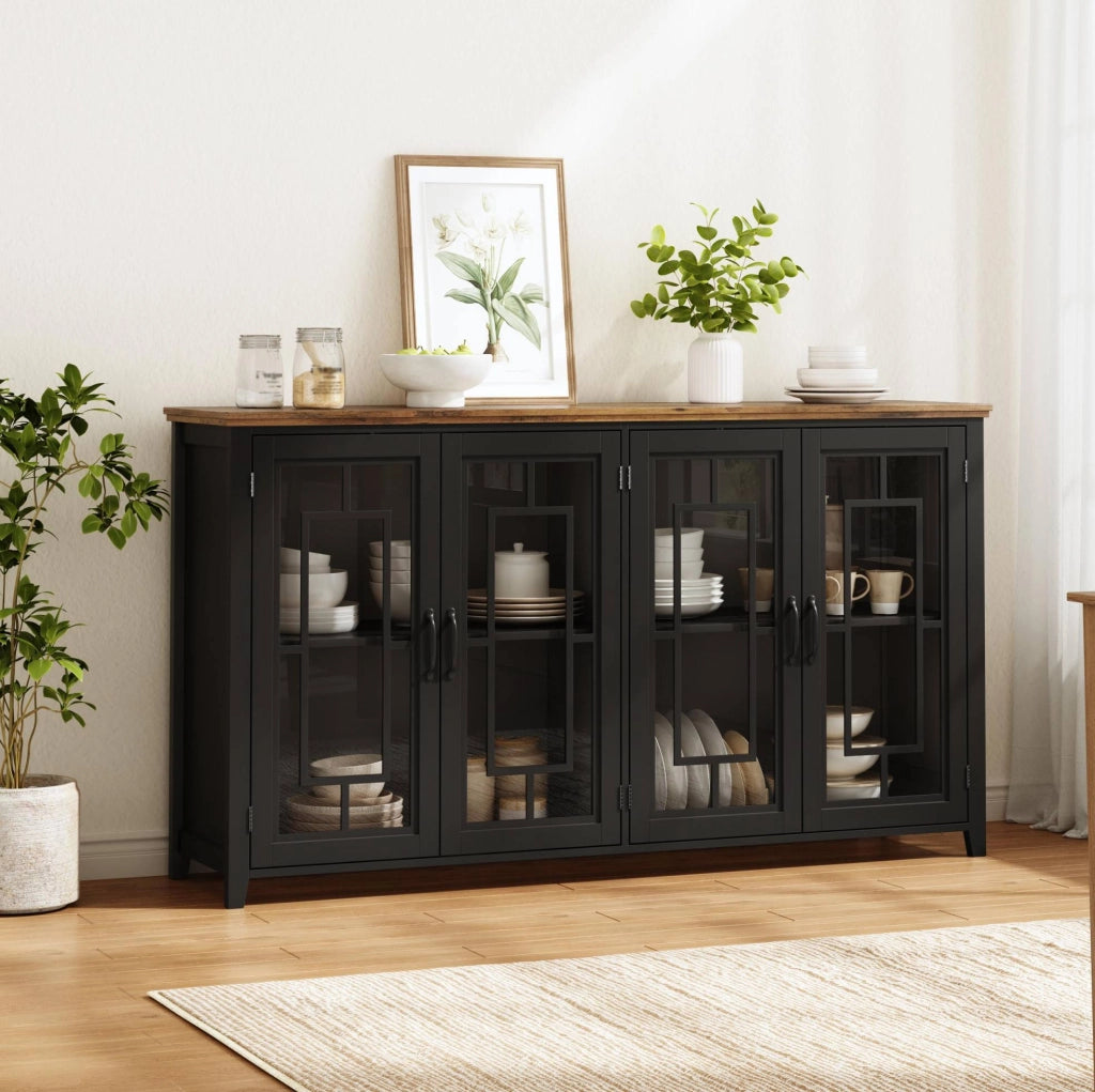 Credenza da cucina 160 cm con ante in vetro; piano effetto legno; nero