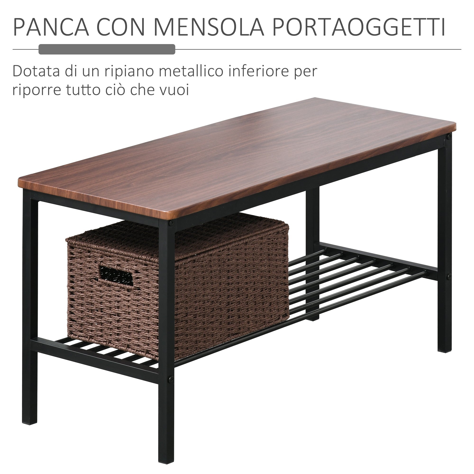 Set Tavolo 2 Sedie e Panca in Metallo e Legno Nero e Marrone