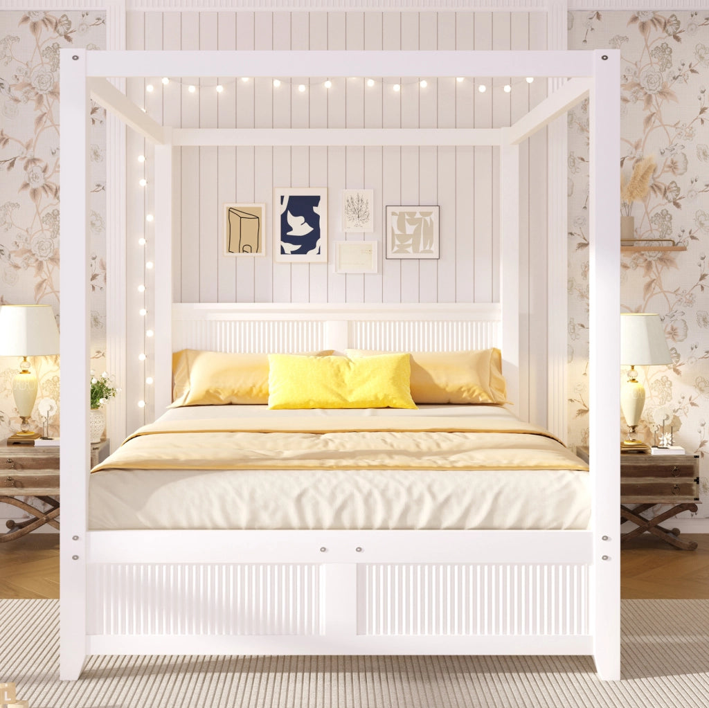Letto a baldacchino 140 x 200 cm con lamelle verticali in pino e MDF; bianco