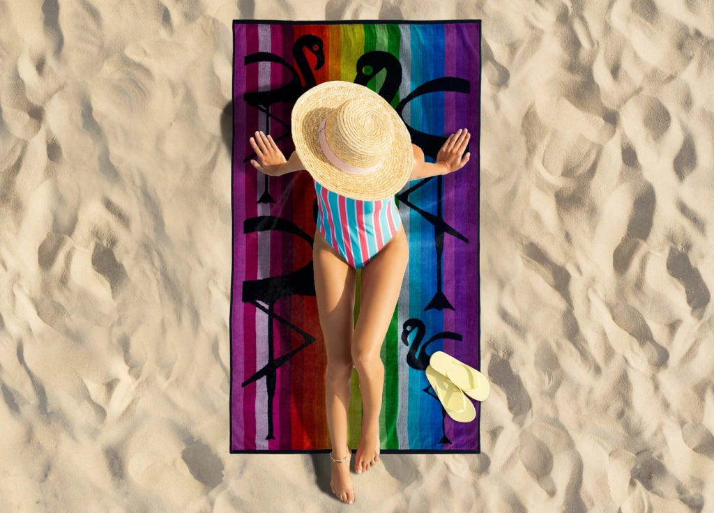 Telo Mare Jacquard Spugna Asciugamano Spiaggia Multicolor Flamingo