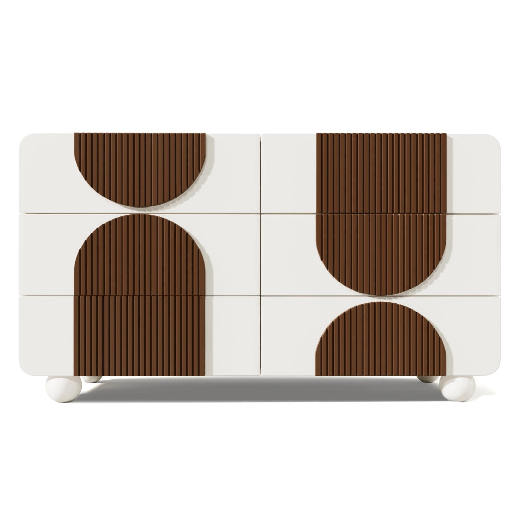 Comodino a 6 cassetti in bianco con design curvo, sideboard elegante 121x41x71 cm