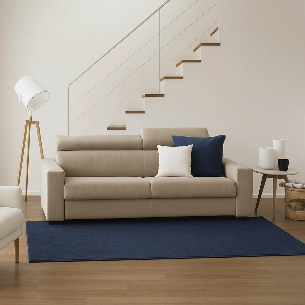 Divano fisso Matrice, Divano a 3 posti, Made in Italy, SofÒ  Soggiorno, in tessuto imbottito, con poggiatesta regolabili e Braccioli standard, cm 220x95h85, Beige