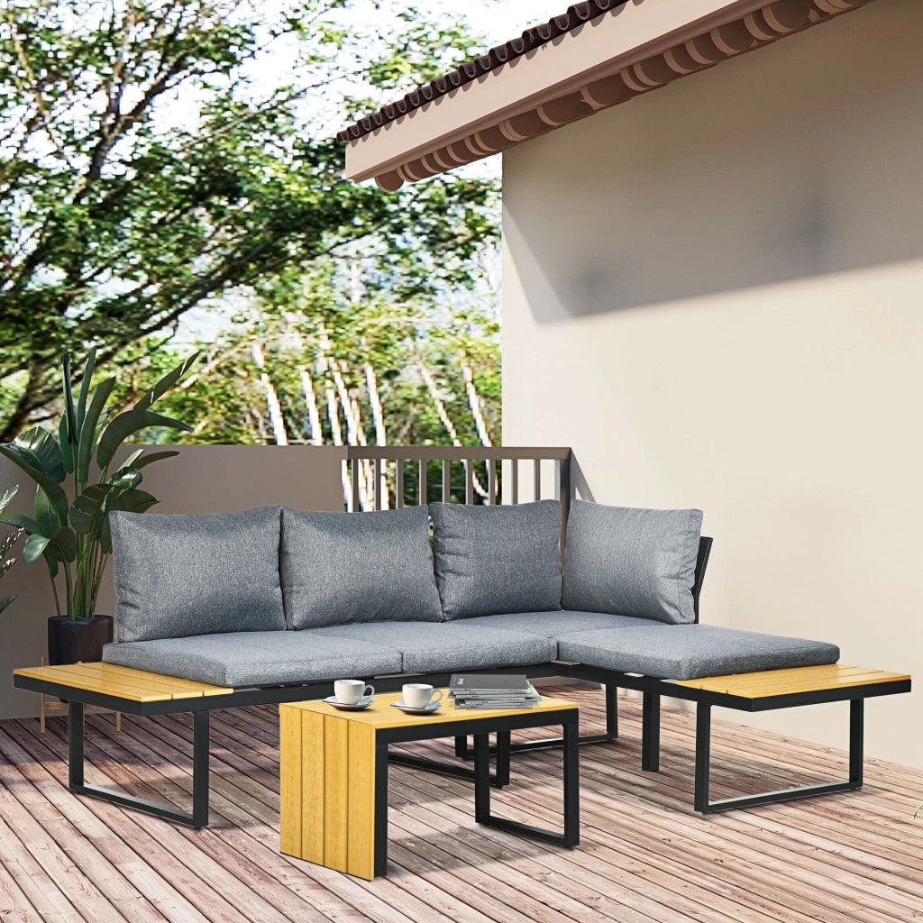 Set da giardino per 3 persone con cuscini ¨C zephmum ¨C telaio in alluminio, effetto legno, grigio scuro e naturale