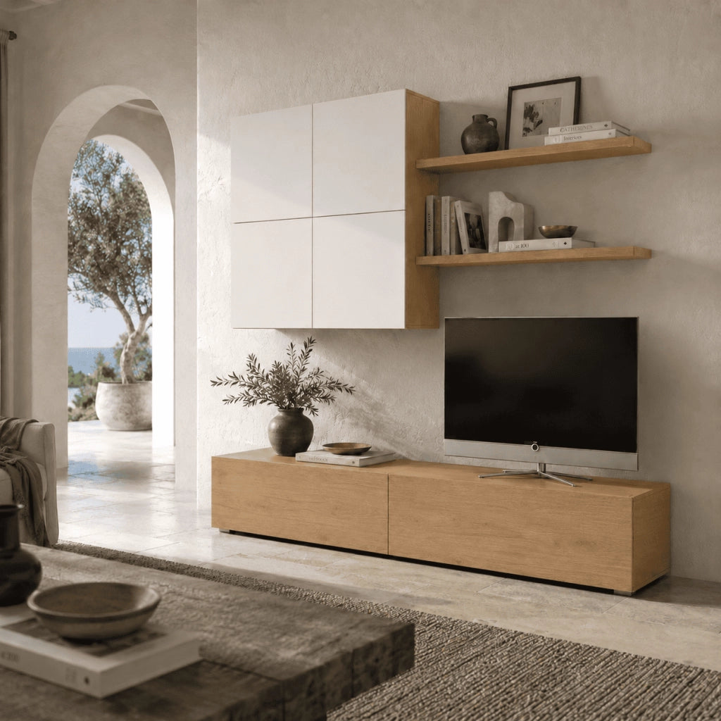 Parete Attrezzata Per Soggiorno Con Base TV 2 Ante Pensile 4 Ante E 2 Mensole Design Contemporaneo In Melaminico Facile Da Pulire Bianco E Rovere