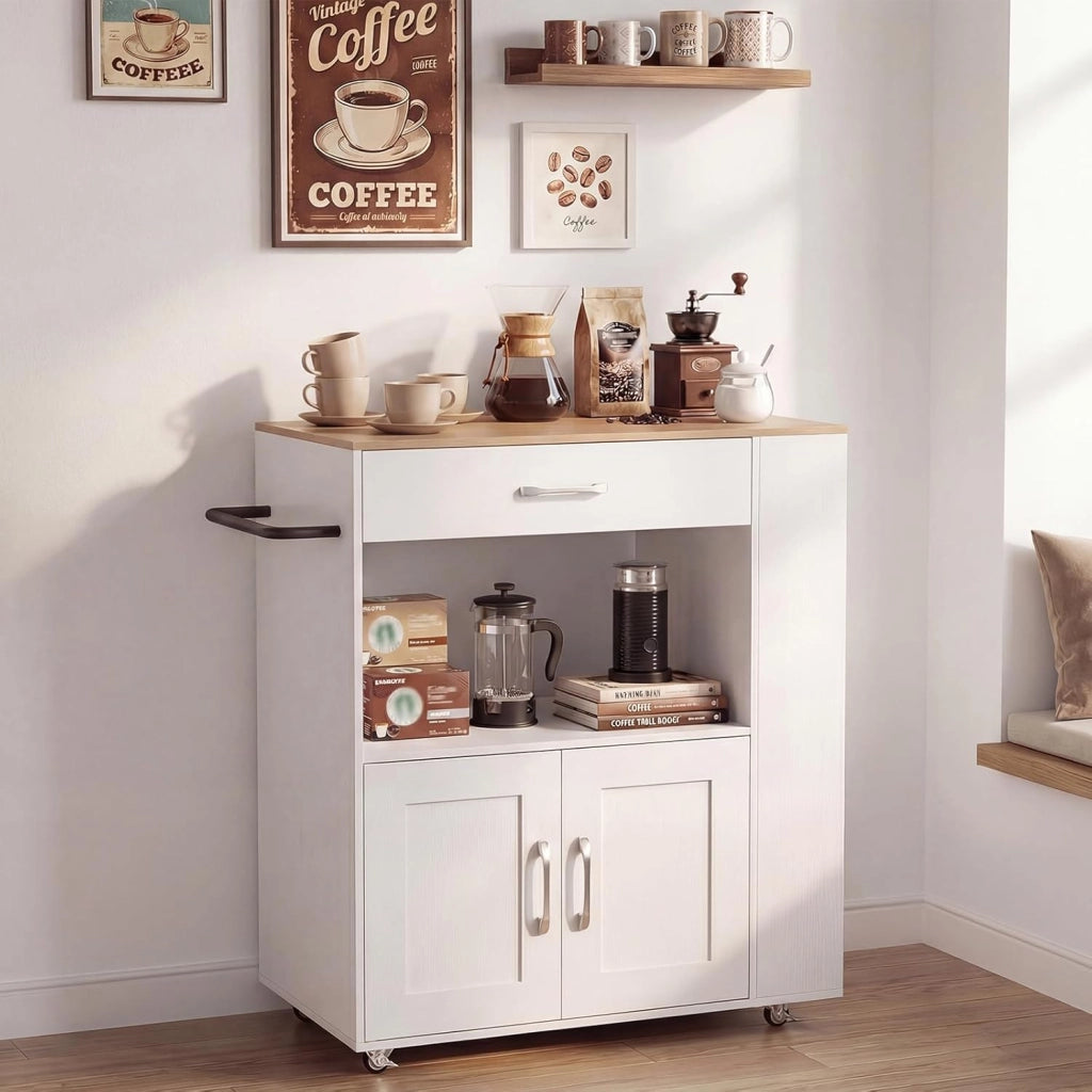 Credenza da Cucina su Ruote, Isola Mobile, Carrello da Servizio con Cassetto e 3 Ripiani, 2 Colori, 75 x 46 x 90,5 cm75 x 46 x 90,5 cm (Bianco)