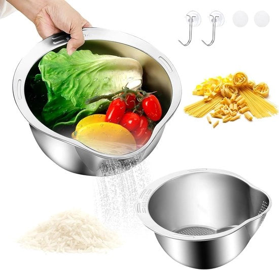 Pacchetto di 2 contenitori per lavaggio riso in acciaio inox con beccuccio per scaricare e lavare riso, frutta, verdura, quinoa e noodles